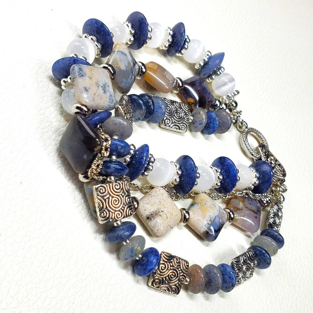 Three Layer Blue Gemstone Bracelet Statement Clus… - image 3